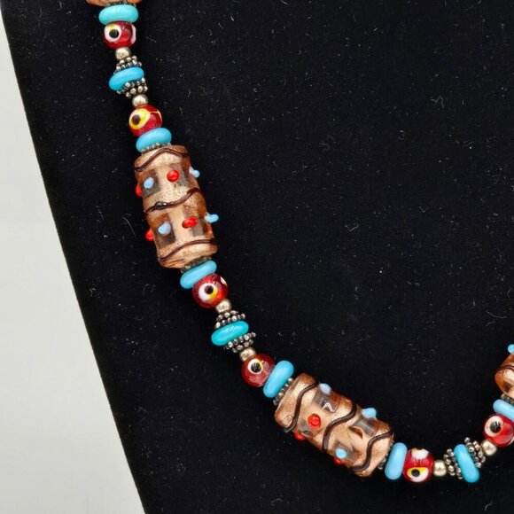 Vintage Handmade Boho Foil Glass Beaded 16" Necklace With Blue & Red Accents - Picture 2 of 9